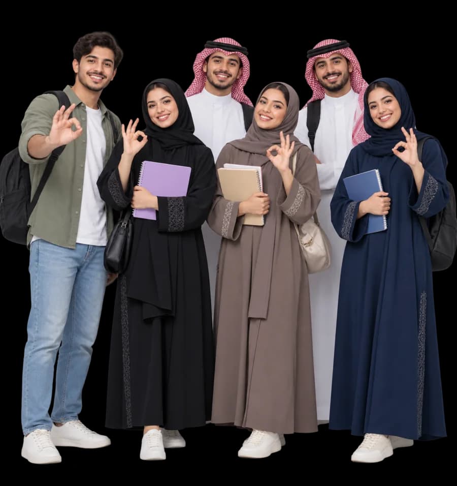 فريق من الشباب والشابات السعوديين يحملون الكتب والدفاتر