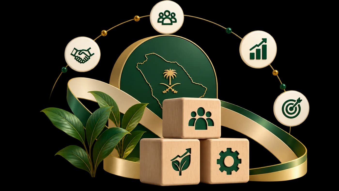 مكعبات خشبية تحمل رموز العمل التعاوني أمام شعار المملكة وحولها أيقونات النمو والشراكة